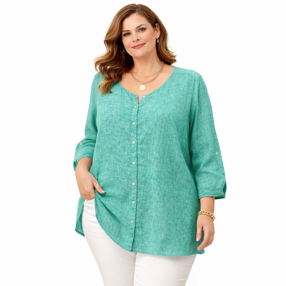 Tahari Teal Linen Plus Size 2X Tunic Blouse - Picture 8 of 8